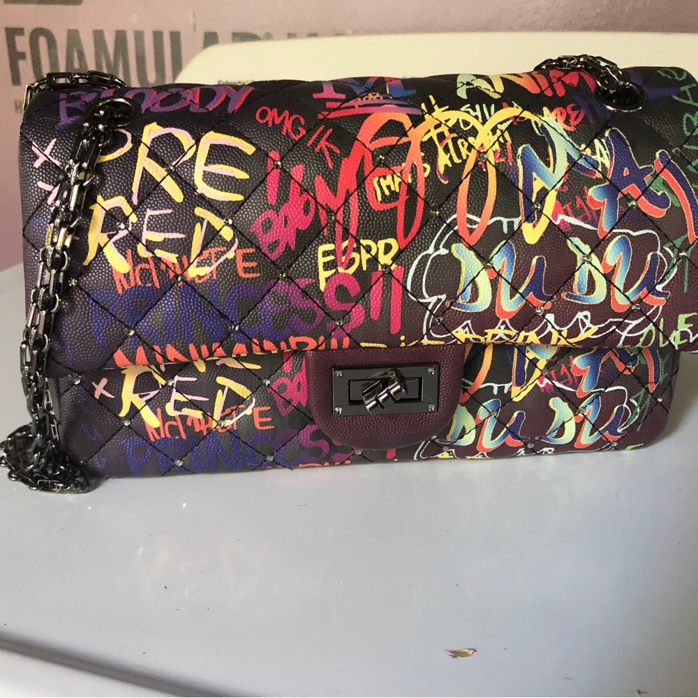 Graffiti vegan leather crossbody shoulder purse embellished w Swarovski crystals